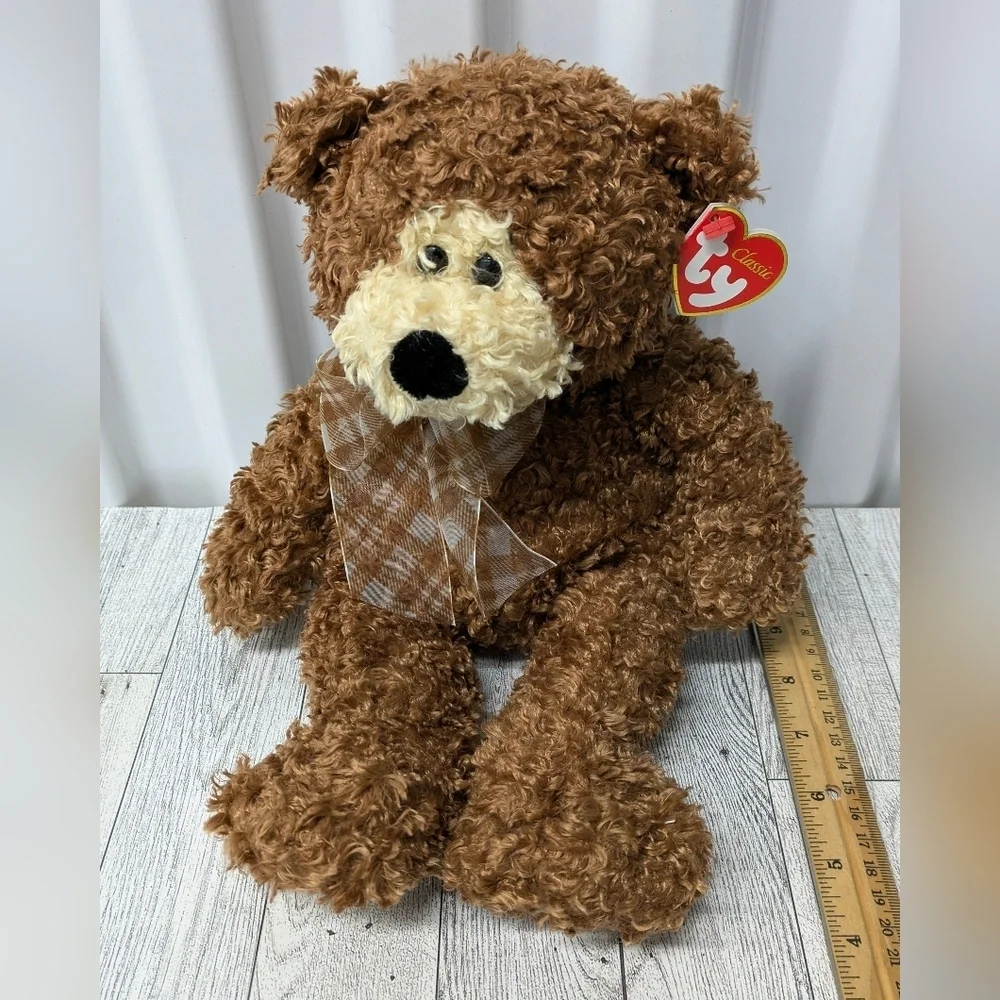 Ty Eureka Fluffy Brown Bear with Plaid Bow
